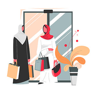 穆斯林妇女带着袋子在商场购物 矢量图形